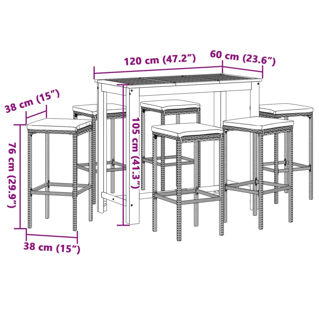 Set Bar Giardino 7pz Marrone Legno Massello Acacia e Polyrattan | homemem39