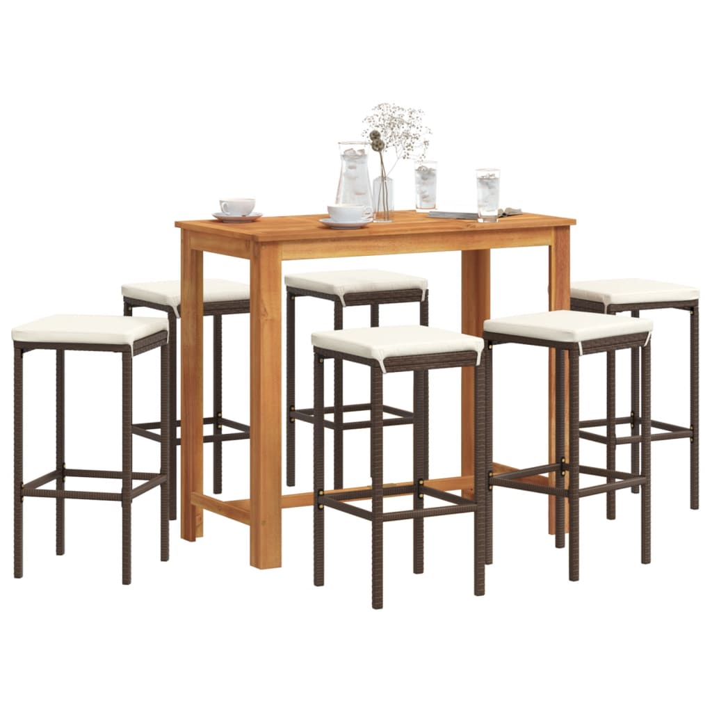 Set Bar Giardino 7pz Marrone Legno Massello Acacia e Polyrattan | homemem39