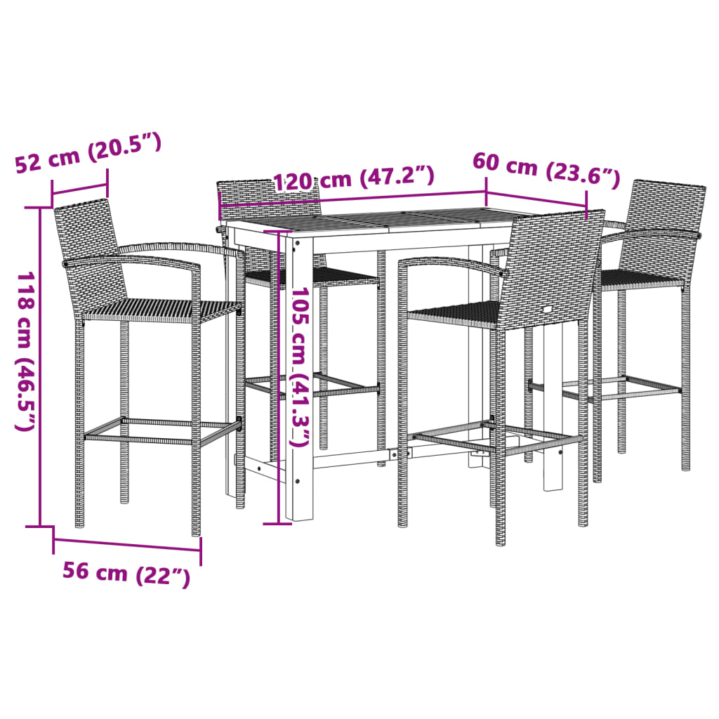 Set Bar Giardino 5pz Marrone Legno Massello Acacia e Polyrattan | homemem39