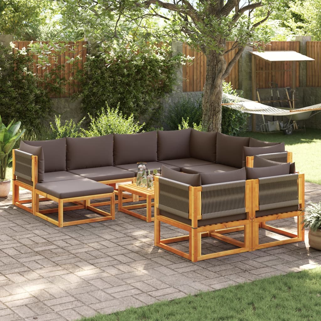 Set di divani da giardino 10 pezzi con cuscini in legno di acacia e corda