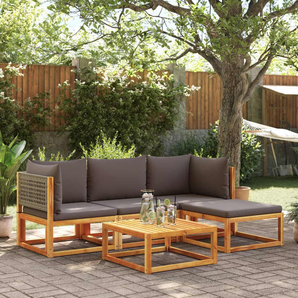 Set di divani da giardino 5 pezzi con cuscini in legno di acacia e rattan | homemem39