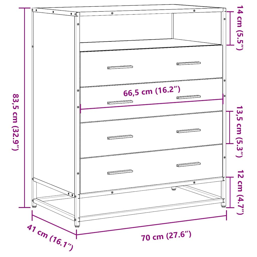 Cassettiera Rovere Fumo 70x41x83,5 cm in Legno Multistrato