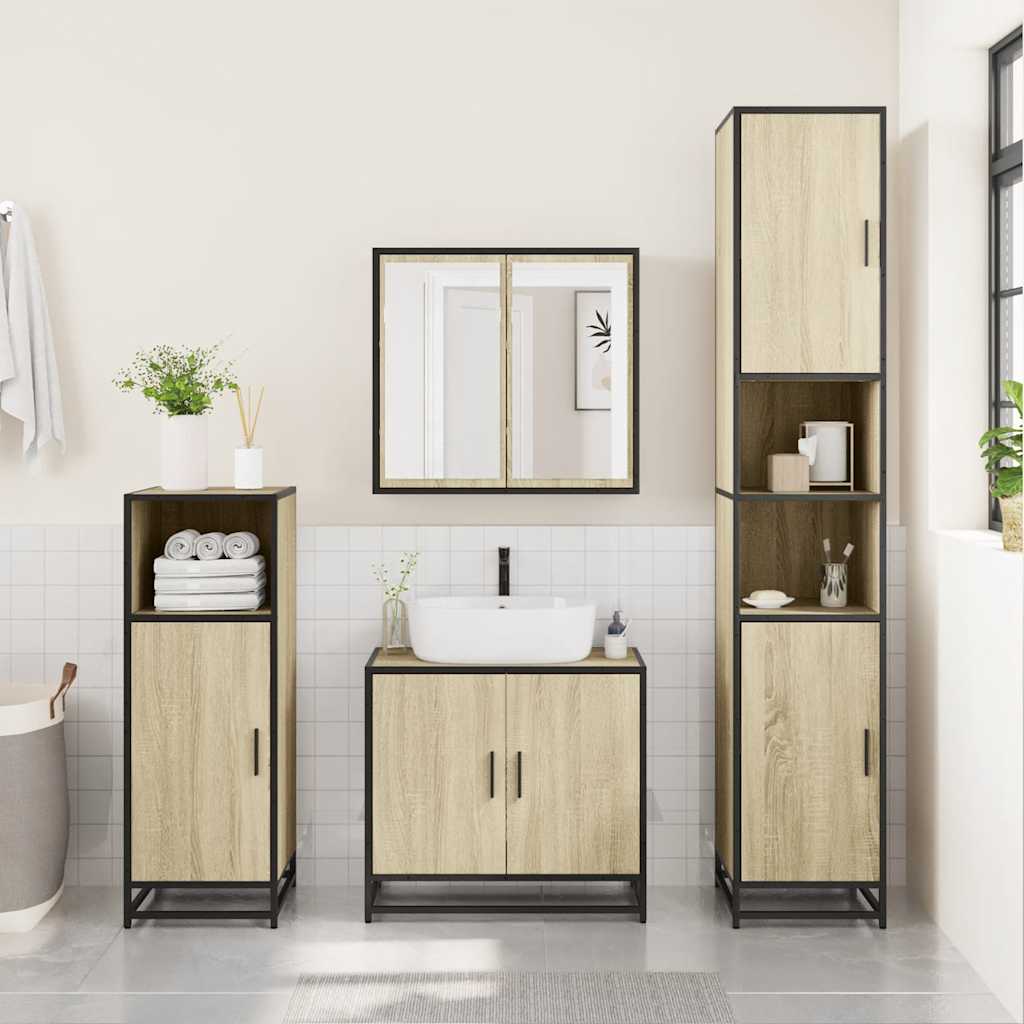 Mobiletto con specchio per bagno in rovere Sonoma 65x20x60 cm in legno ingegnerizzato | homemem39