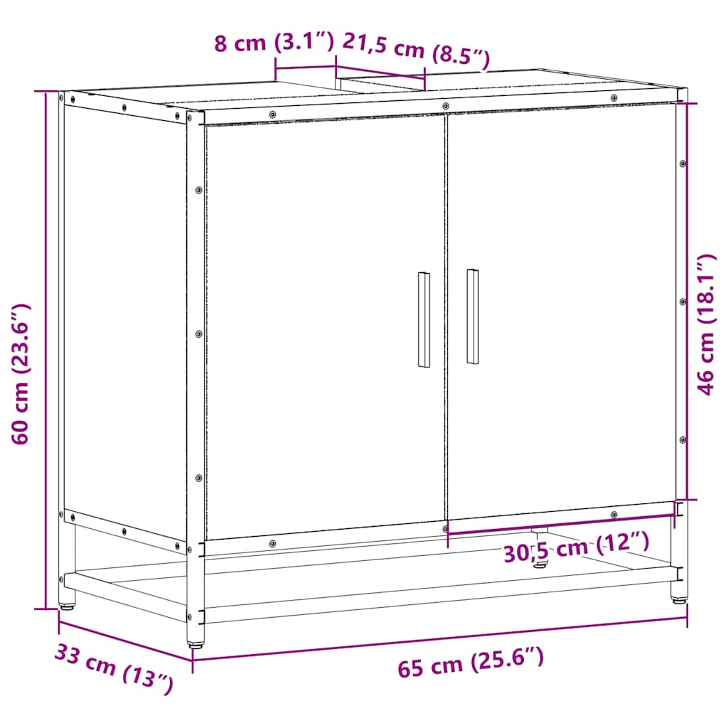 Mobiletto per Lavabo da Bagno Rovere Sonoma 65x33x60 cm Legno Massello | homemem39