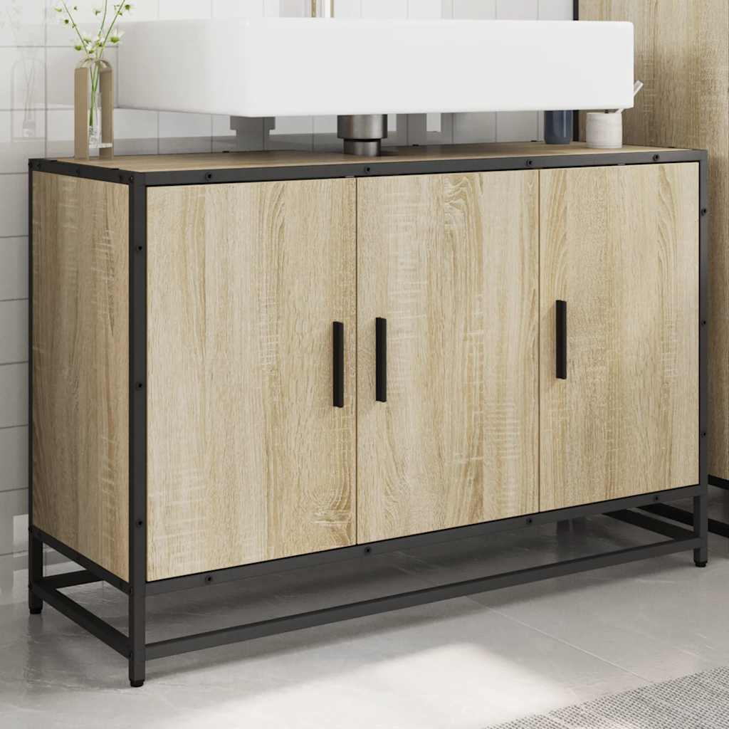 Mobiletto per Lavabo da Bagno Rovere Sonoma 90x33x60 cm Legno Massello | homemem39
