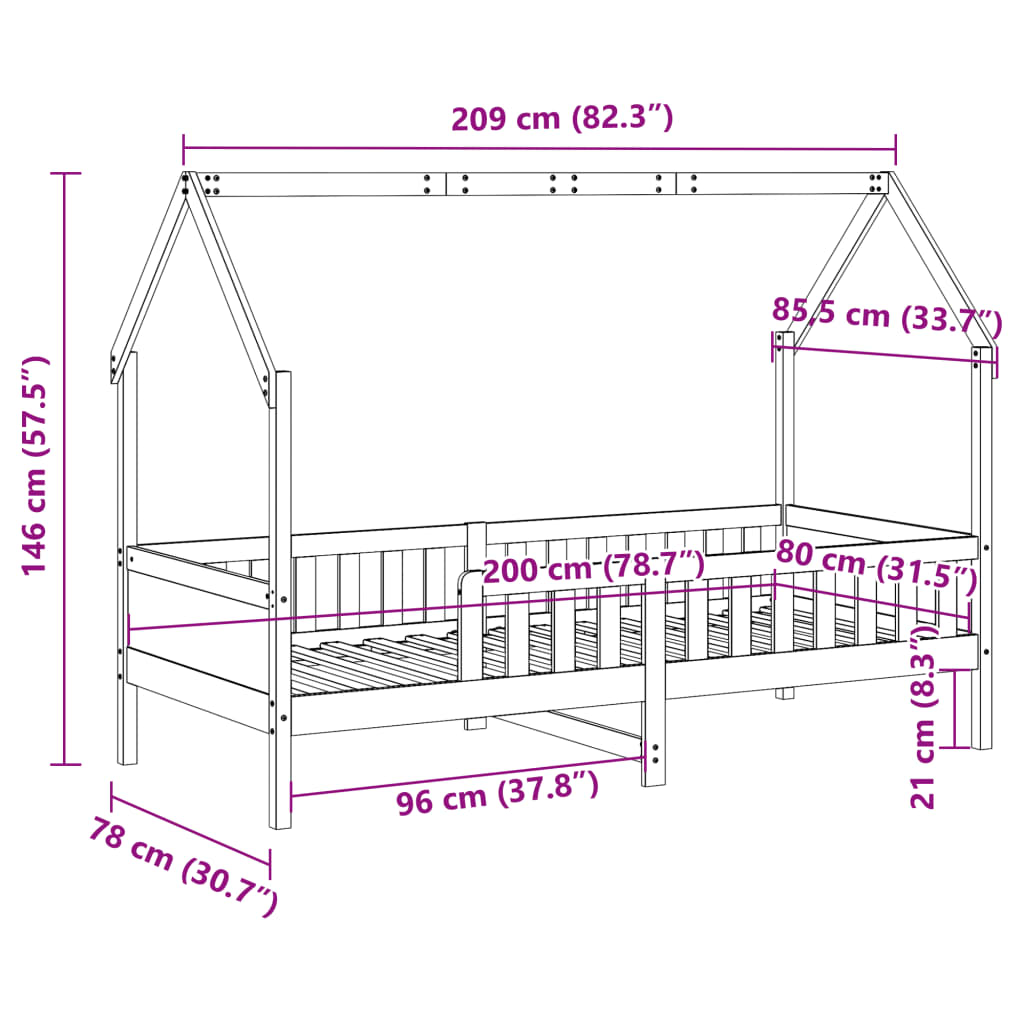 Giroletto Casetta per Bambini 80x200 cm Legno Massello di Pino | homemem39