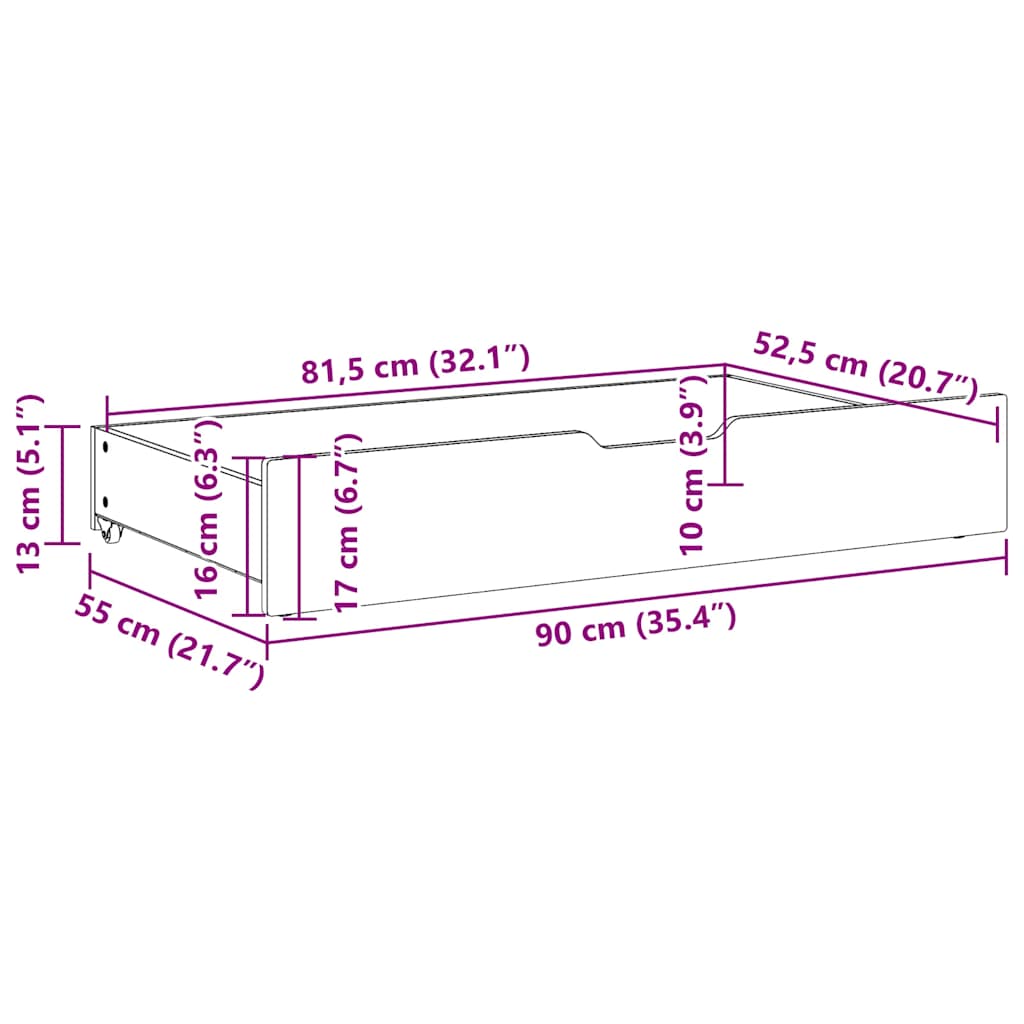 Cassettoni Letto con Ruote 2 pz 90x55x17 cm Legno Massello Pino | homemem39