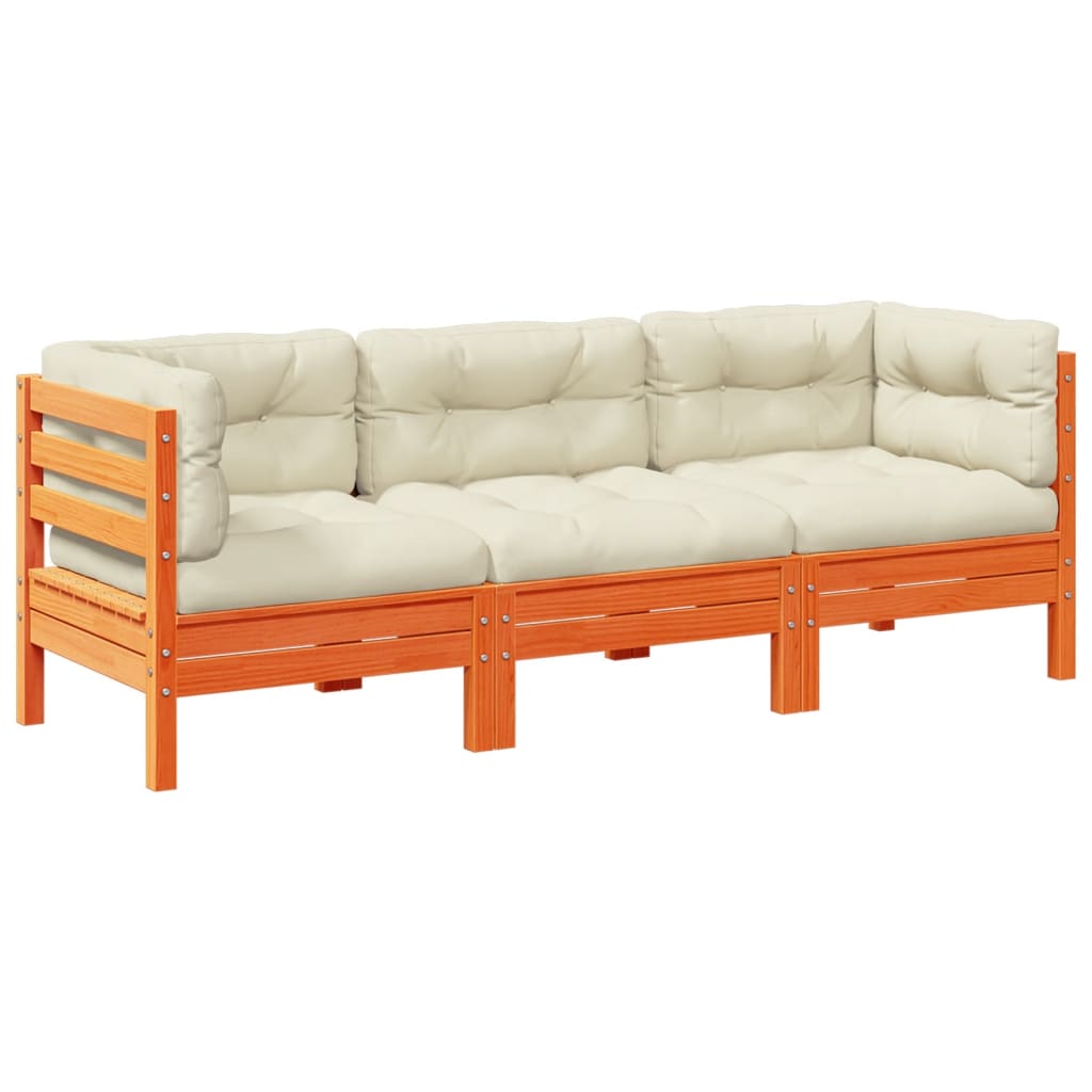 Set Divani Giardino 3 pz con Cuscini Marrone Cera Massello Pino - homemem39