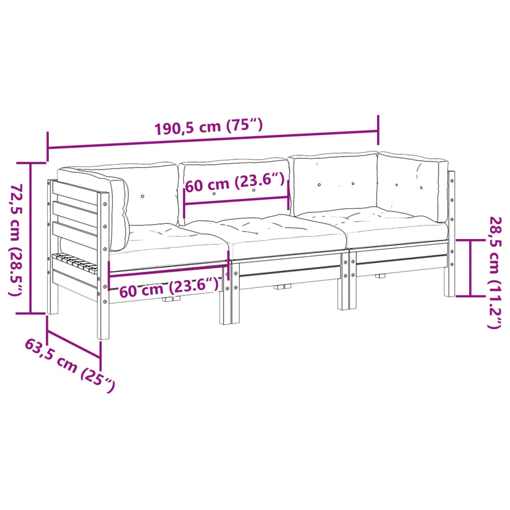 Set Divani Giardino 3 pz Cuscini Legno Massello Abete Douglas | homemem39
