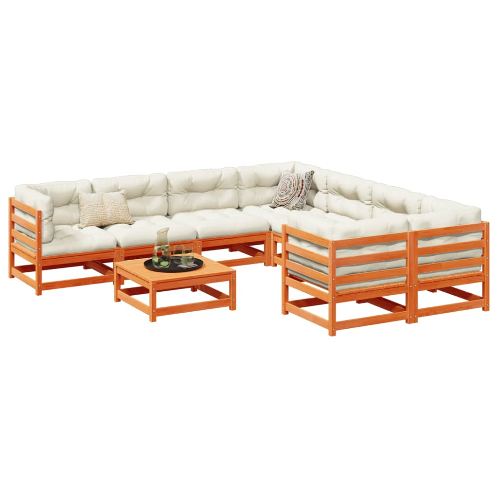 Set Divani Giardino 9 pz con Cuscini Marrone Cera Massello Pino | homemem39