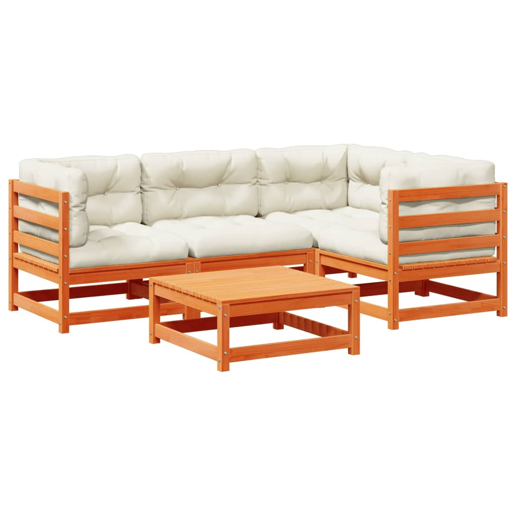 Set Divani Giardino 5pz con Cuscini Marrone Cera Massello Pino | homemem39