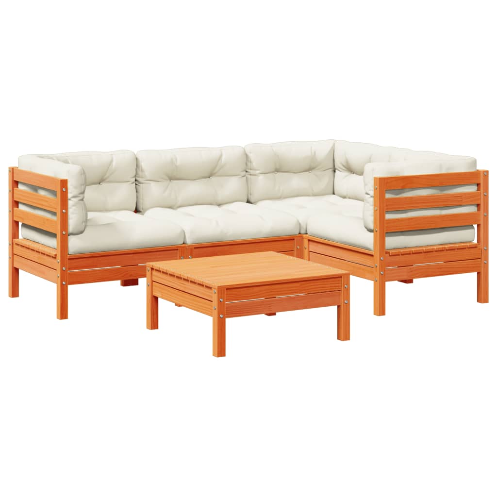 Set Divani Giardino 5pz con Cuscini Marrone Cera Massello Pino | homemem39
