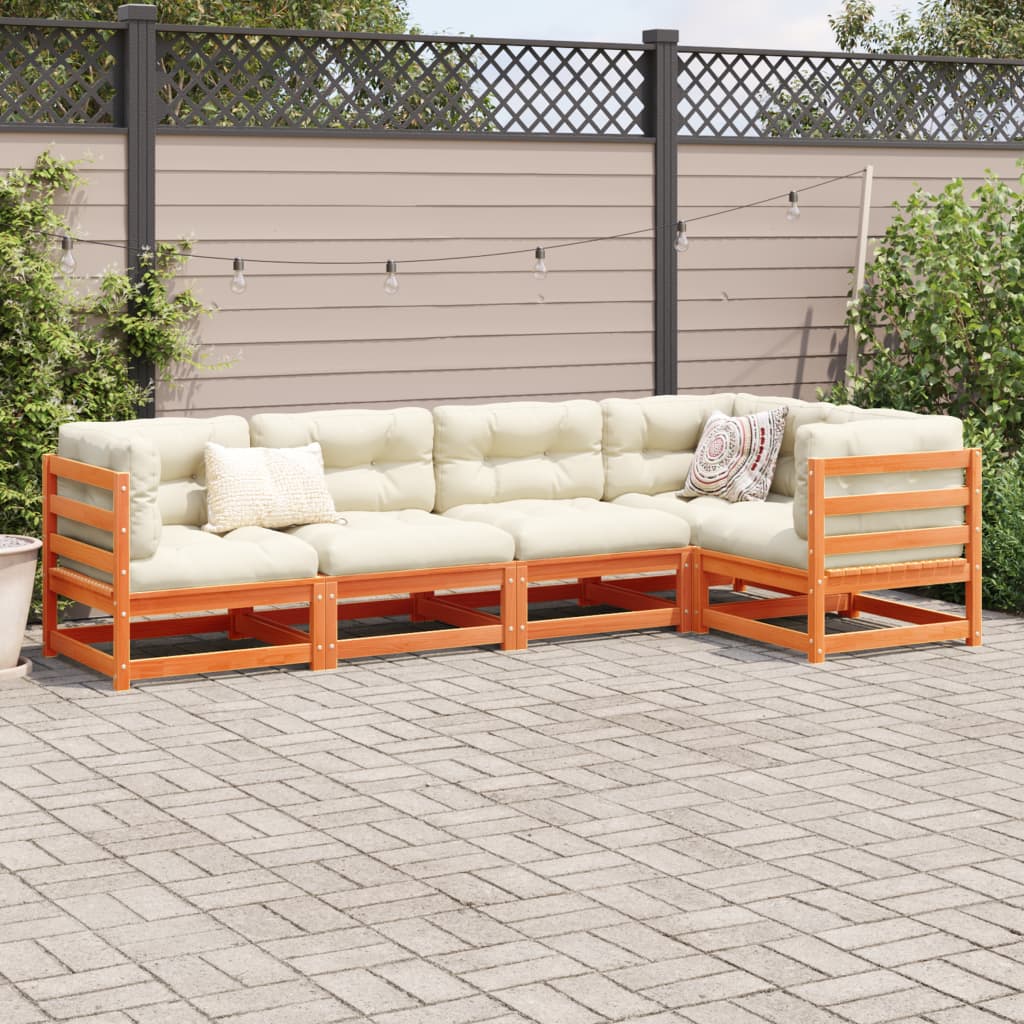 Set Divani Giardino 5pz con Cuscini Marrone Cera Massello Pino | homemem39