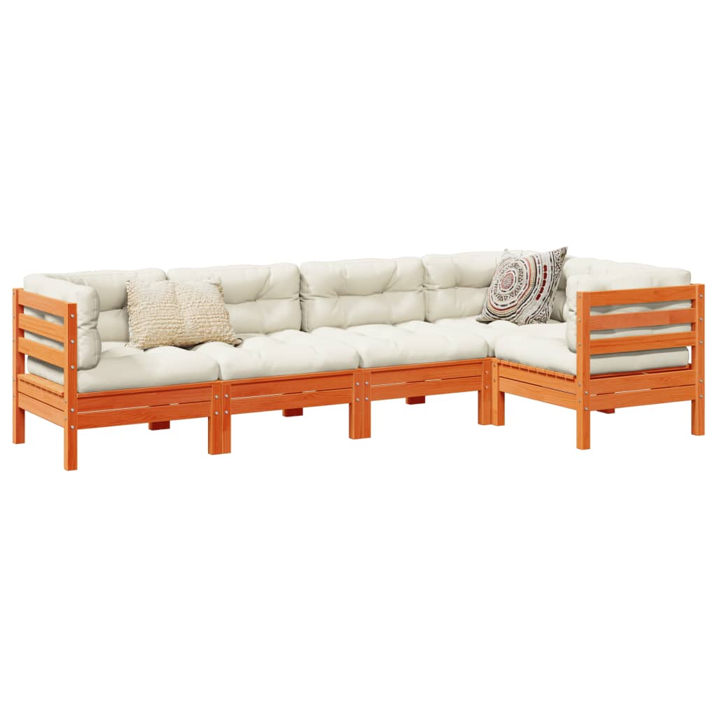 Set Divani Giardino 5pz con Cuscini Marrone Cera Massello Pino | homemem39