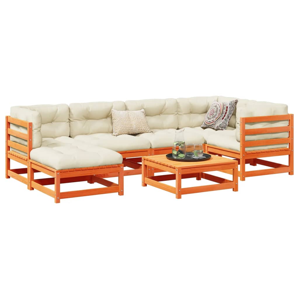 Set Divani Giardino 7 pz con Cuscini Marrone Cera Massello Pino | homemem39