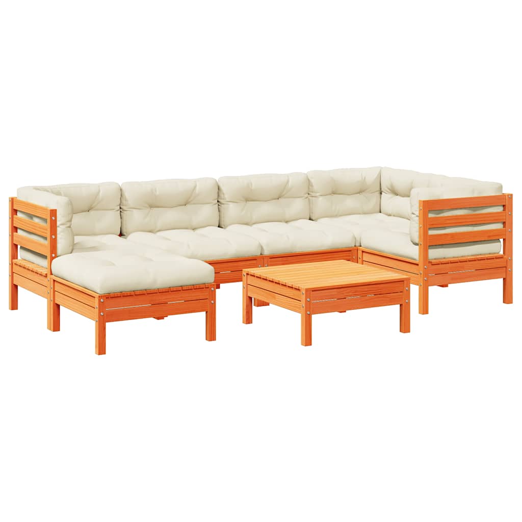 Set Divani Giardino 7 pz con Cuscini Marrone Cera Massello Pino | homemem39