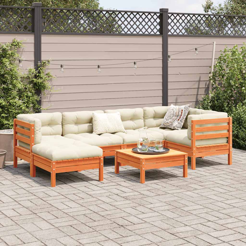 Set Divani Giardino 7 pz con Cuscini Marrone Cera Massello Pino | homemem39