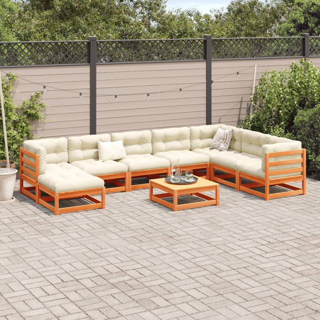 Set Divani Giardino 9 pz con Cuscini Marrone Cera Massello Pino | homemem39