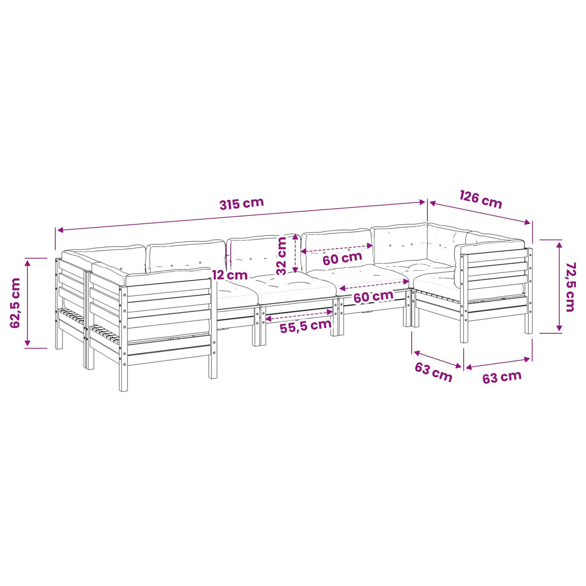 Set Divani Giardino 7 pz Cuscini Legno Massello Abete Douglas