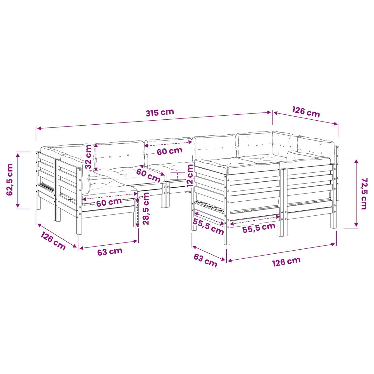 Set Divani Giardino 9 pz Cuscini Legno Massello Abete Douglas