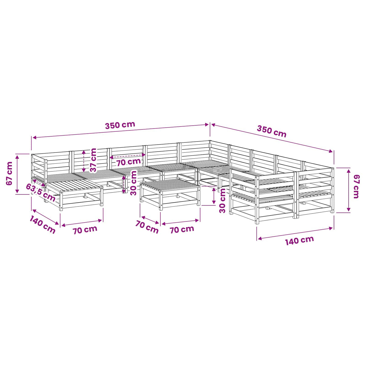 Set Divani da Giardino 12 pz in Legno Massello di Pino