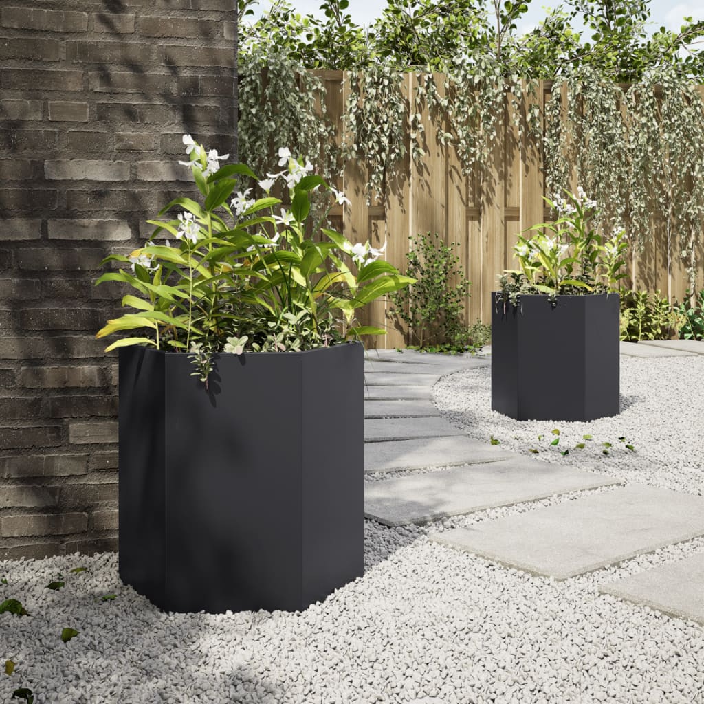 Fioriere da Giardino 2 pz Esagono Nero 46x40x45 cm Acciaio