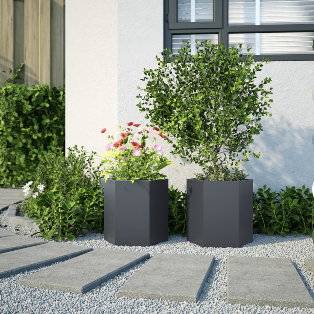 Fioriere da Giardino 2 pz Antracite Esagono 46x40x45 cm Acciaio