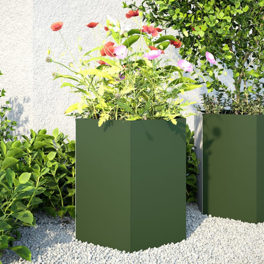 Fioriere da Giardino 2pz Verde Oliva Esagono 46x40x45cm Acciaio - homemem39