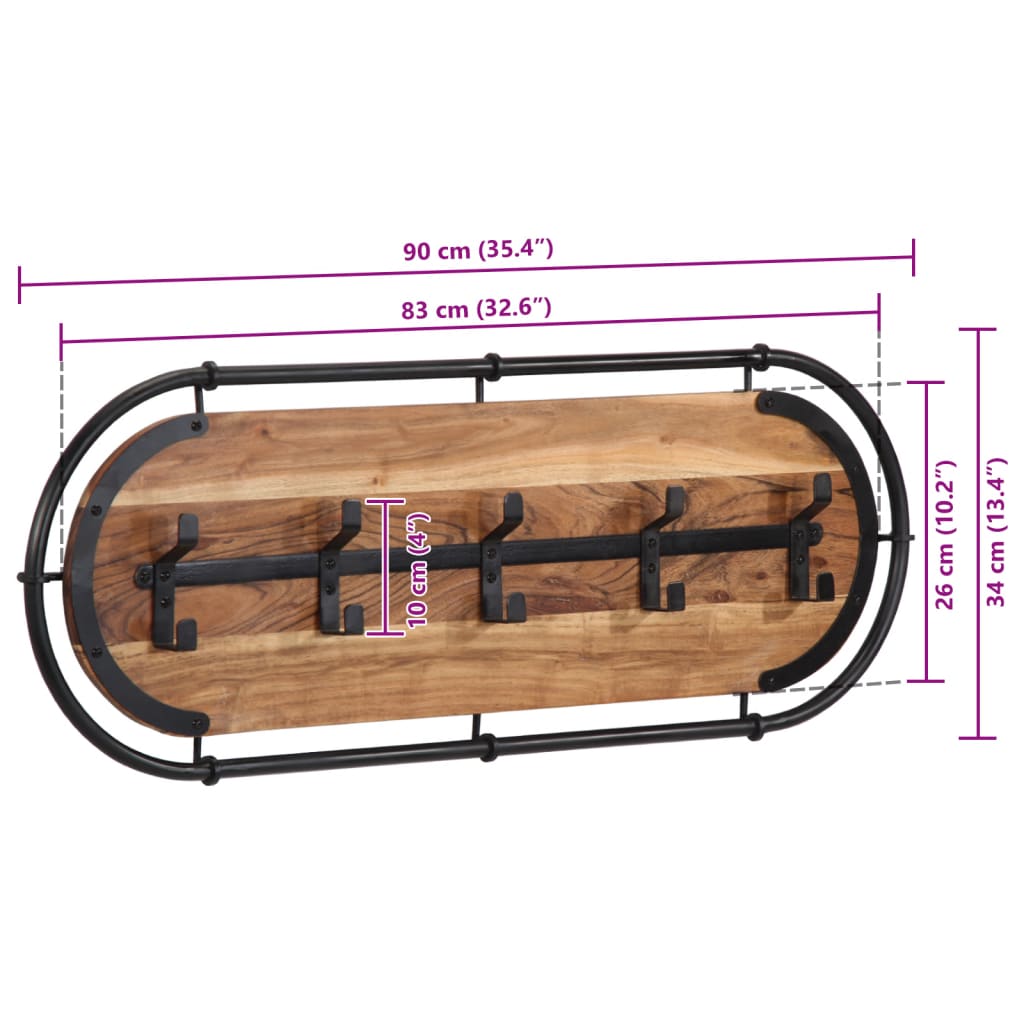 Appendiabiti da Parete con 5 Ganci in Legno Massello di Acacia