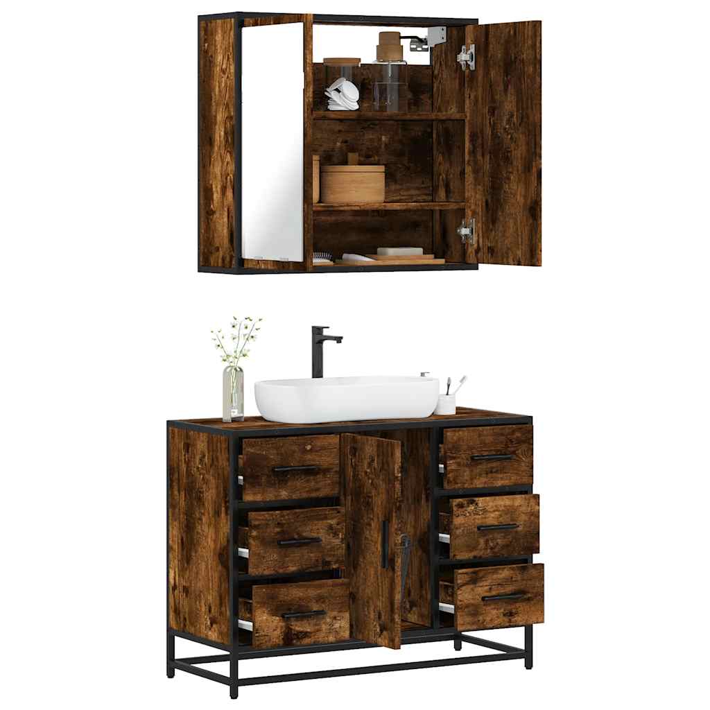 Set Mobili da Bagno 2 pz Rovere Fumo in Legno Multistrato | homemem39