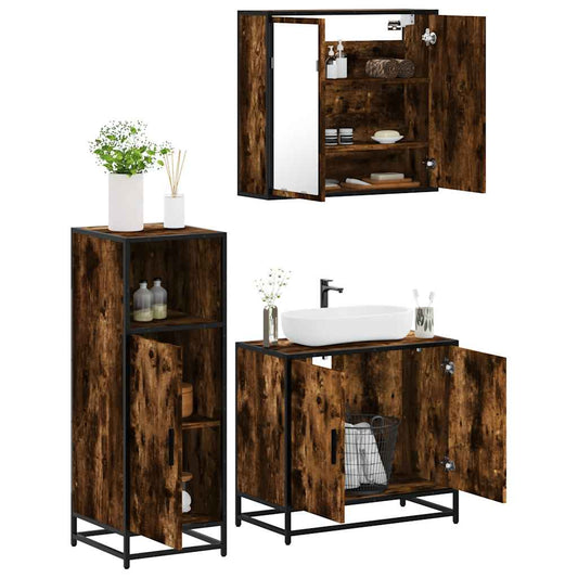 Set Mobili da Bagno 3 pz Rovere Fumo in Legno Multistrato | homemem39