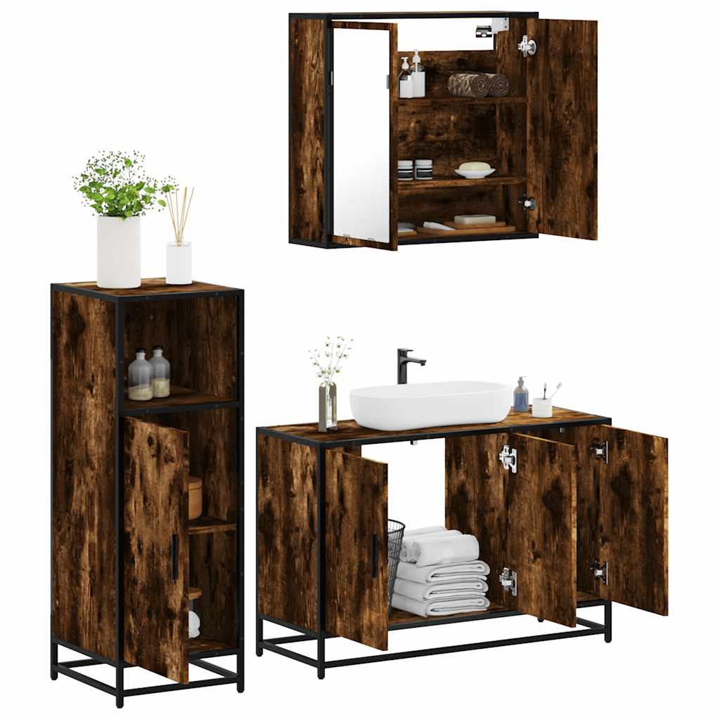 Set Mobili da Bagno 3 pz Rovere Fumo in Legno Multistrato | homemem39