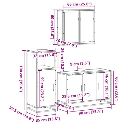 Set Mobili da Bagno 3 pz Grigio Sonoma in Legno Multistrato | homemem39