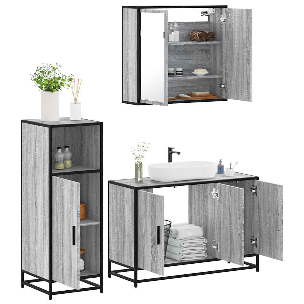 Set Mobili da Bagno 3 pz Grigio Sonoma in Legno Multistrato | homemem39