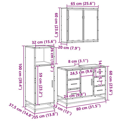Set Mobili da Bagno 3 pz Rovere Sonoma in Legno Multistrato