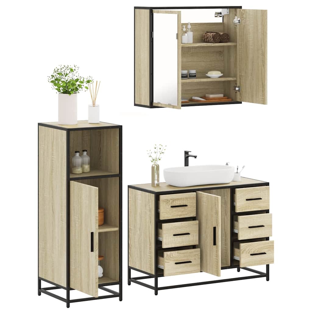 Set Mobili da Bagno 3 pz Rovere Sonoma in Legno Multistrato