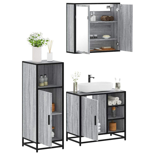 Set Mobili da Bagno 3 pz Grigio Sonoma in Legno Multistrato | homemem39