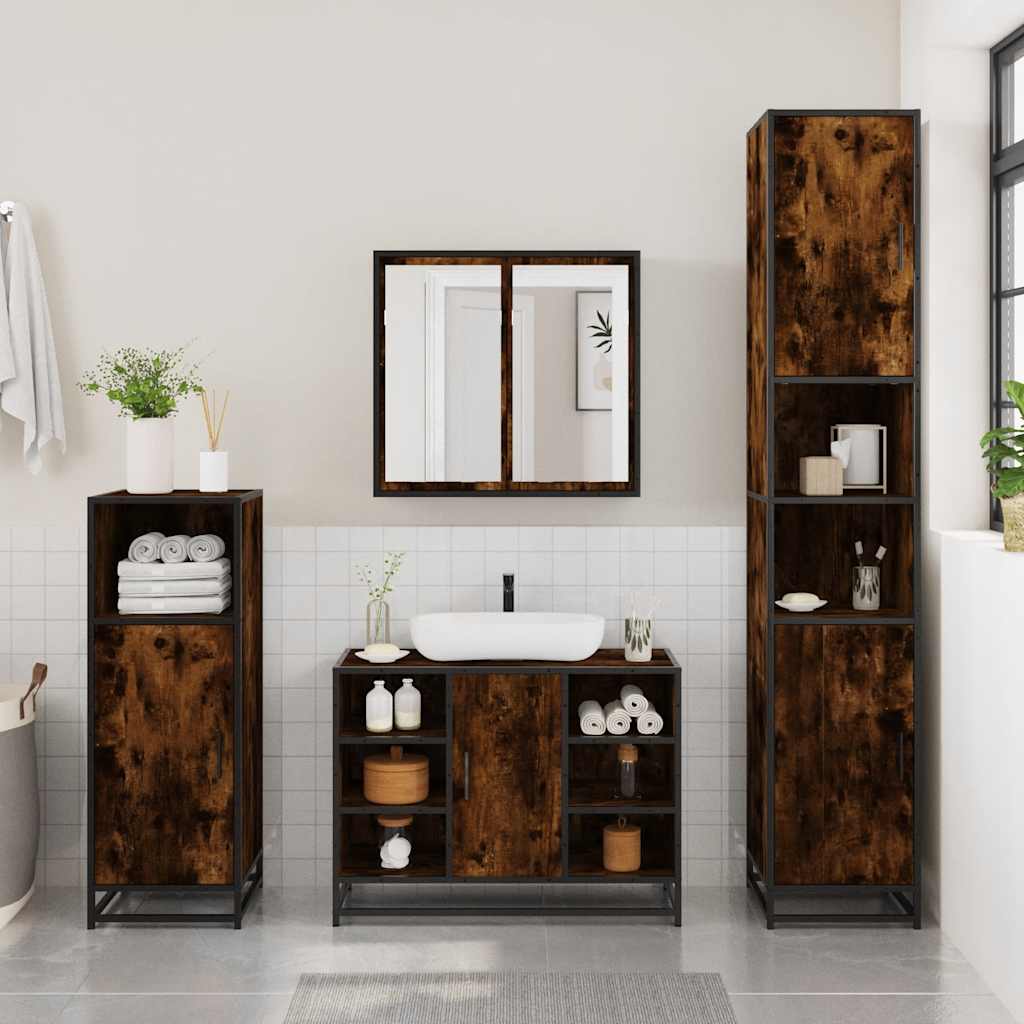 Set Mobili da Bagno 3 pz Rovere Fumo in Legno Multistrato | homemem39