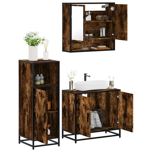 Set Mobili da Bagno 3 pz Rovere Fumo in Legno Multistrato | homemem39