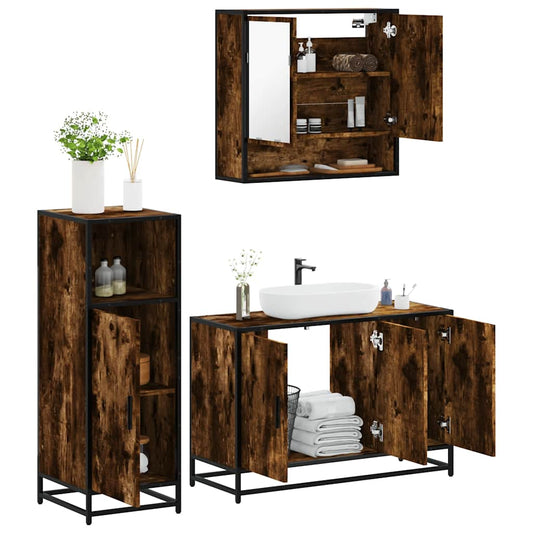 Set Mobili da Bagno 3 pz Rovere Fumo in Legno Multistrato | homemem39