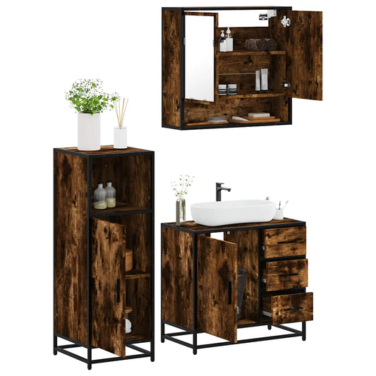 Set Mobili da Bagno 3 pz Rovere Fumo in Legno Multistrato | homemem39