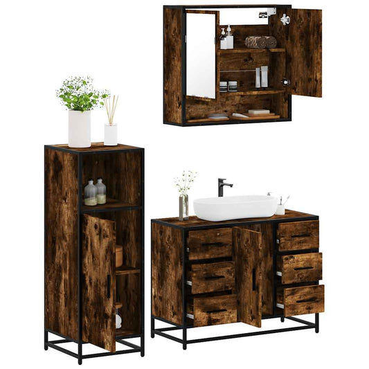 Set Mobili da Bagno 3 pz Rovere Fumo in Legno Multistrato | homemem39