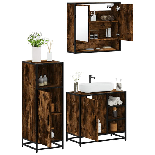 Set Mobili da Bagno 3 pz Rovere Fumo in Legno Multistrato | homemem39