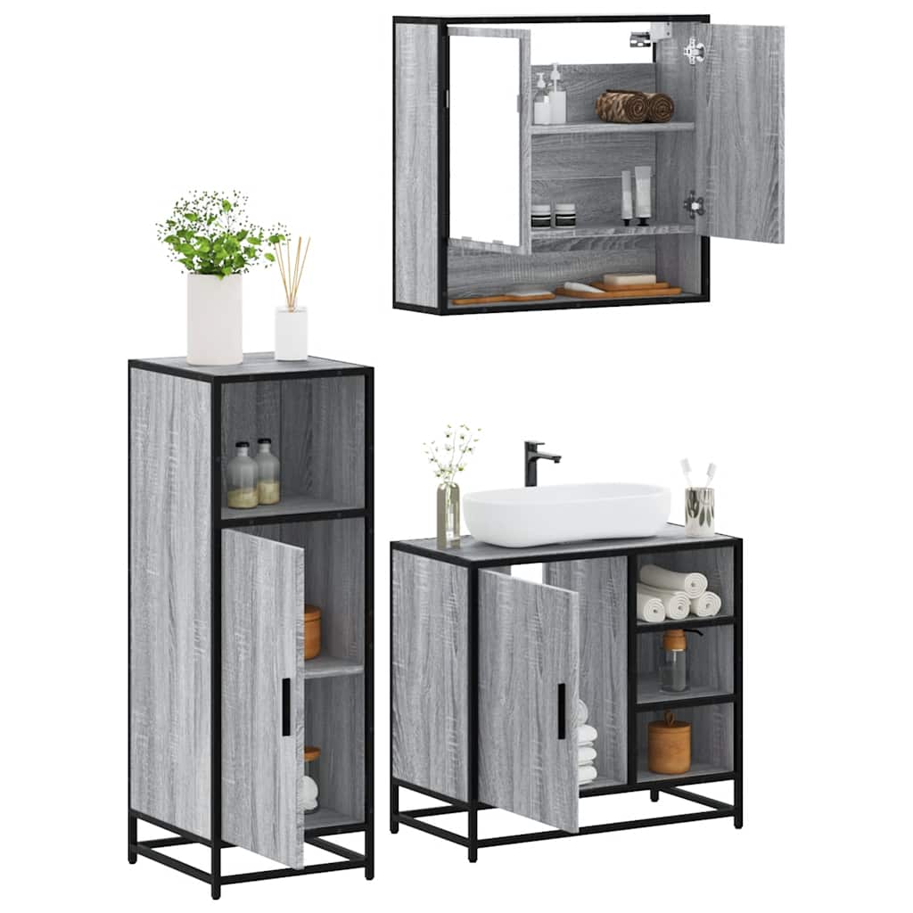 Set Mobili da Bagno 3 pz Grigio Sonoma in Legno Multistrato | homemem39