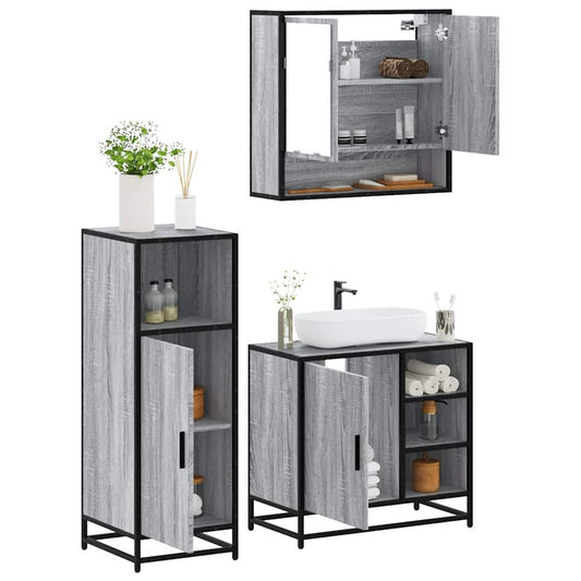 Set Mobili da Bagno 3 pz Grigio Sonoma in Legno Multistrato | homemem39