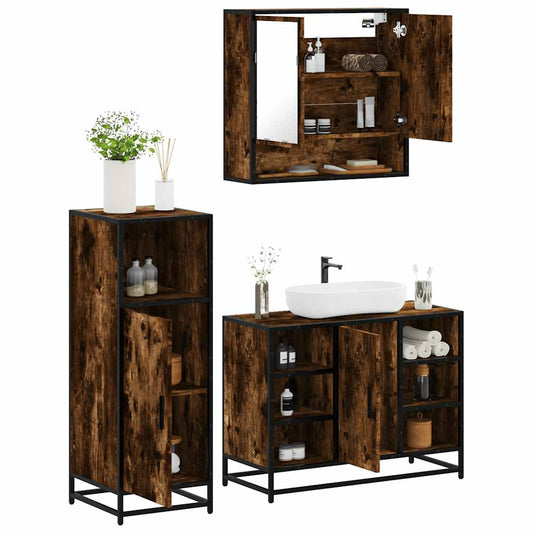 Set Mobili da Bagno 3 pz Rovere Fumo in Legno Multistrato | homemem39