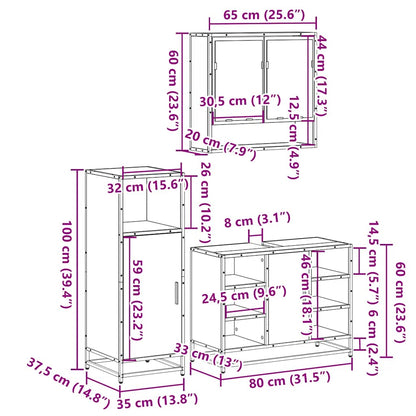 Set Mobili da Bagno 3 pz Grigio Sonoma in Legno Multistrato | homemem39