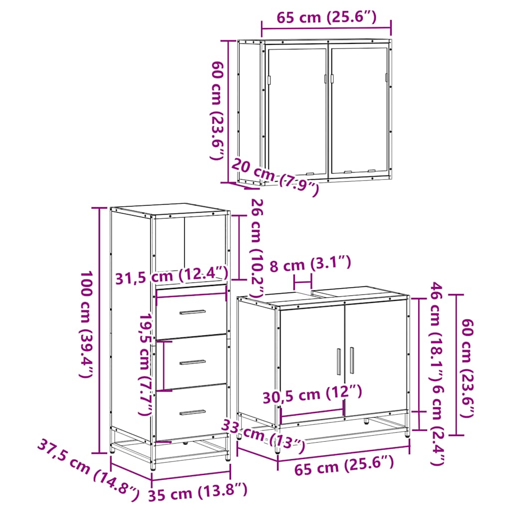 Set Mobili da Bagno 3 pz Rovere Fumo in Legno Multistrato | homemem39