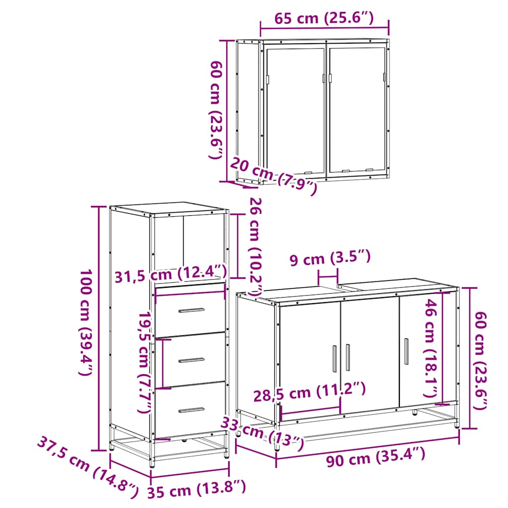 Set Mobili da Bagno 3 pz Rovere Sonoma in Legno Multistrato | homemem39