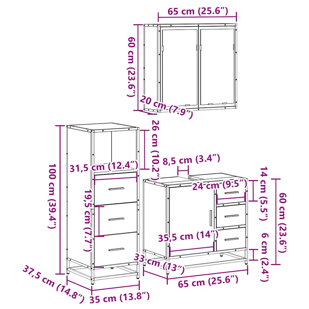 Set Mobili da Bagno 3 pz Rovere Fumo in Legno Multistrato | homemem39